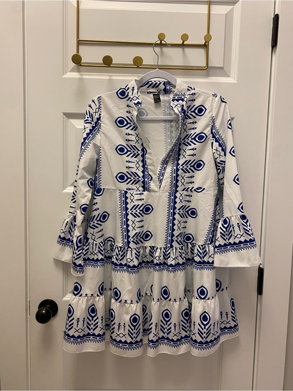 SHEIN White Dress with Blue Geometric Embroidery